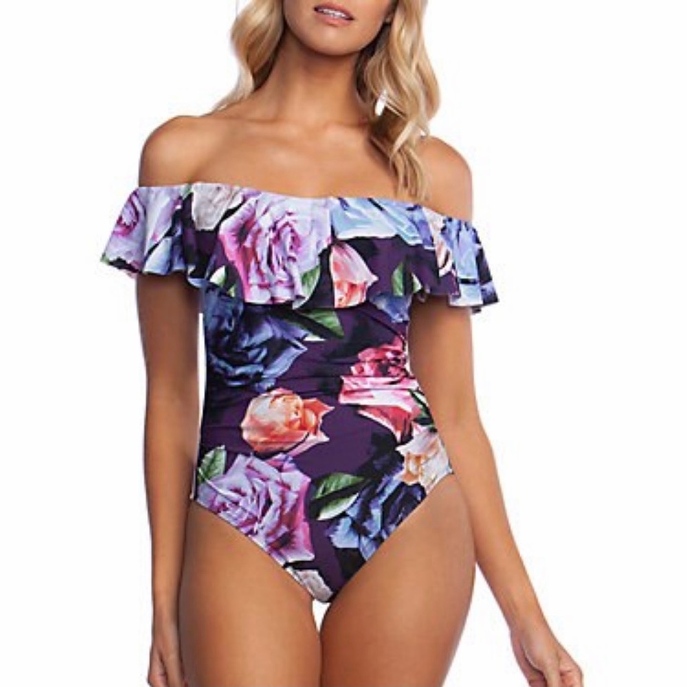 La Blanca Bloom Field Purple Floral Off Shoulder One Piece Swim Suit 6